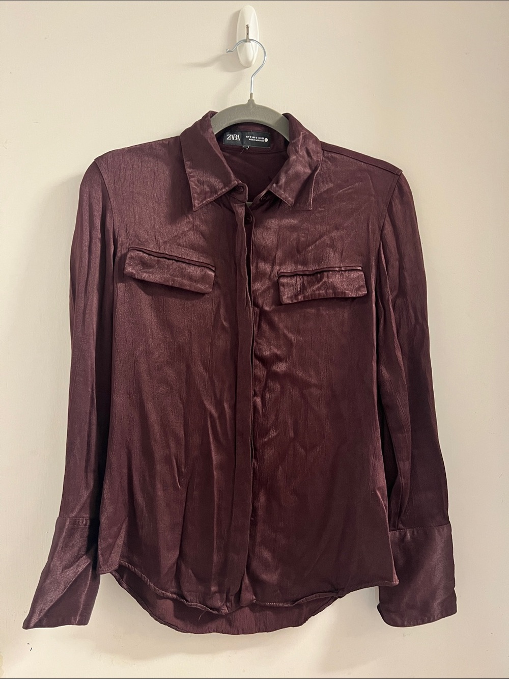 Zara Women’s Satin Button-Up Shirt in Burgundy